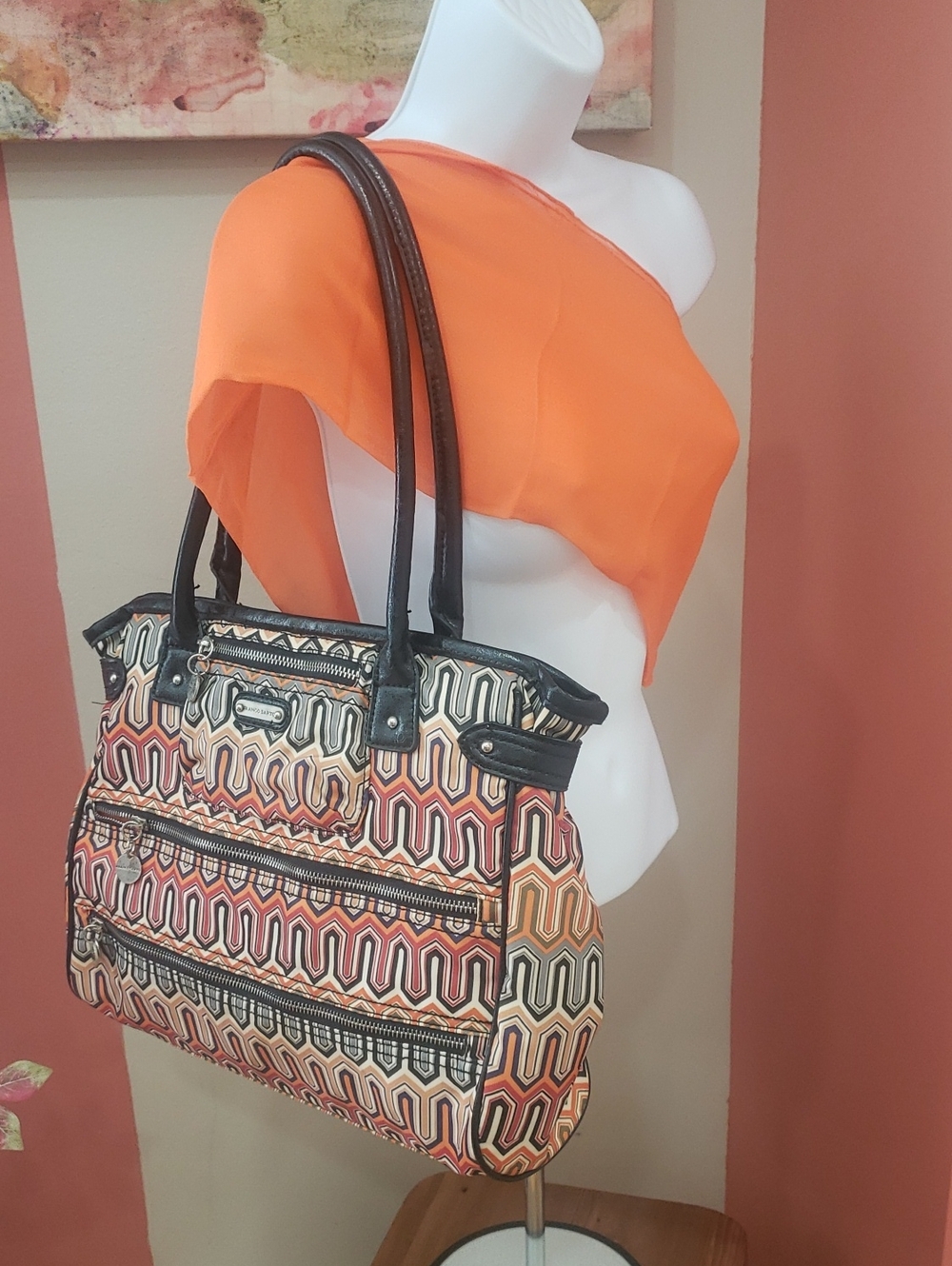 Franco Sarto Geometric Multicolor Tote Bag with Black Handles & Trim